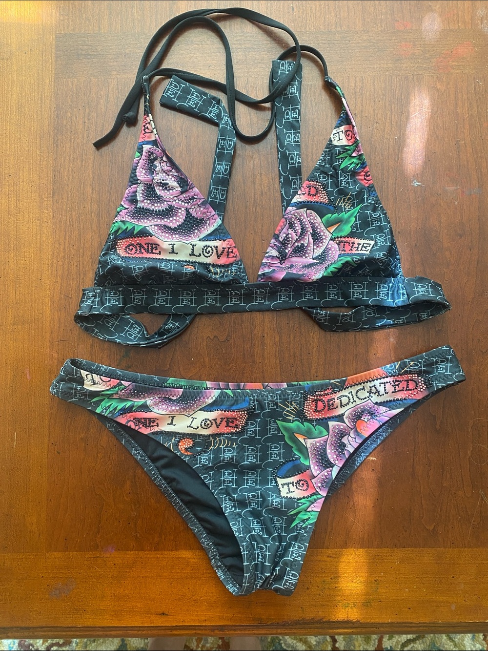 Ed Hardy Black Floral Logo Triangle Bikini with Pink Roses and Green Leaves